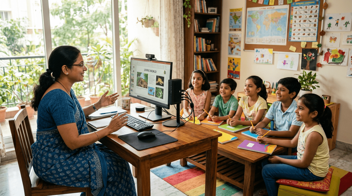 Indian homemaker teaching online using computer at home