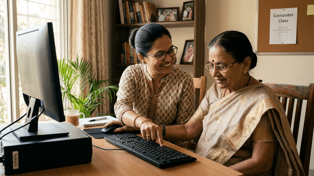 Computer course for homemakers: A trained educator teaching a student