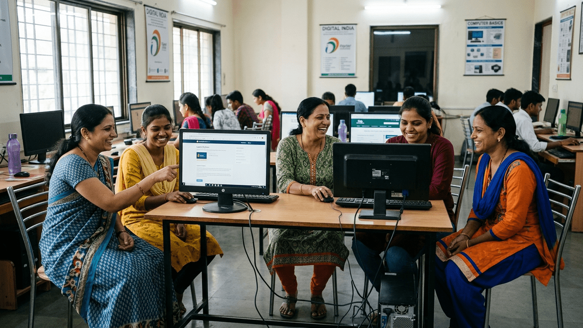 Group of Indian women students learning computer skills together in a community classroom setting
