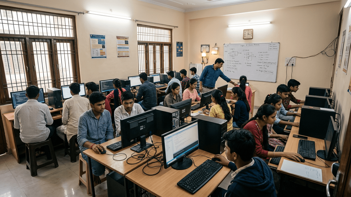 Students learning in computer coaching business from home POD