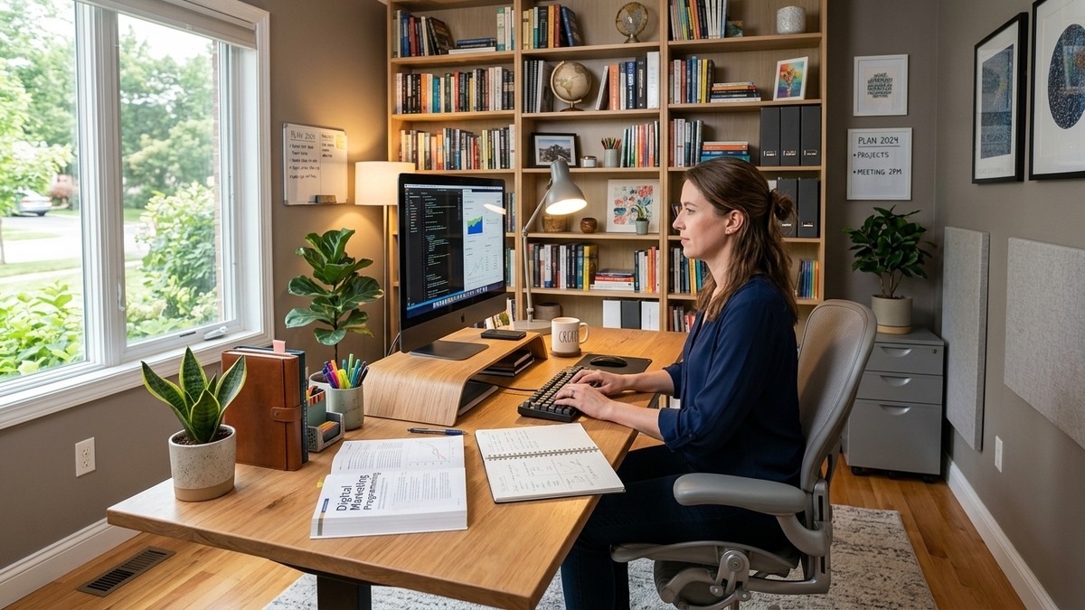 Modern home office setup for computer courses from home