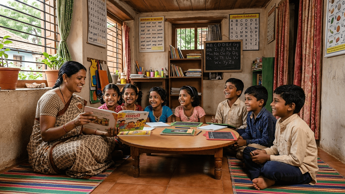 Students learning in modern pod-style setup with teacher in India