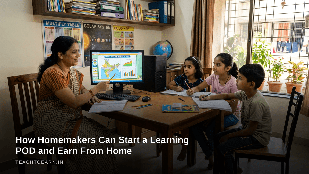 Homemaker learning pod with children learning at home in India