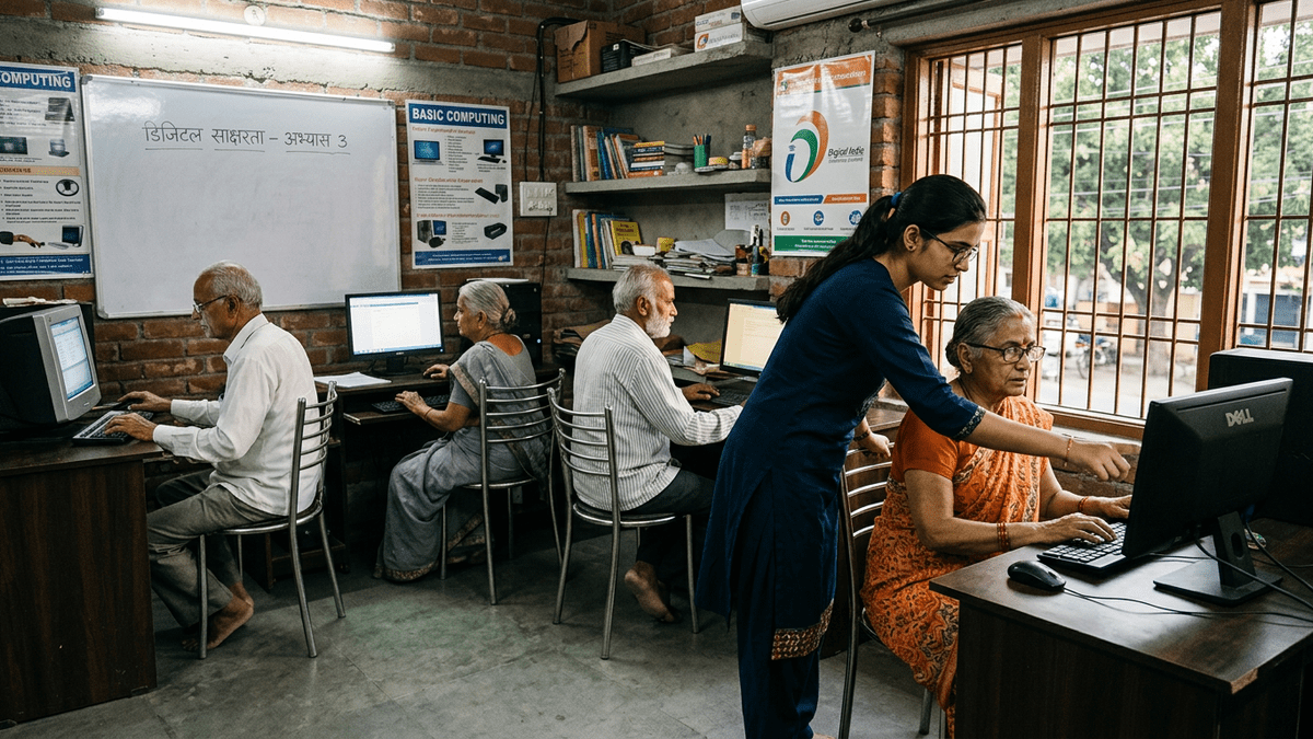 Senior citizens learn computers together in a community learning centre