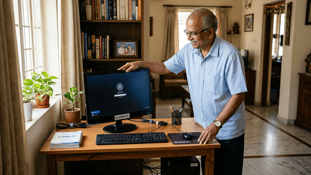 Retired Indian man setting up a computer learning space at home with APNA PC
