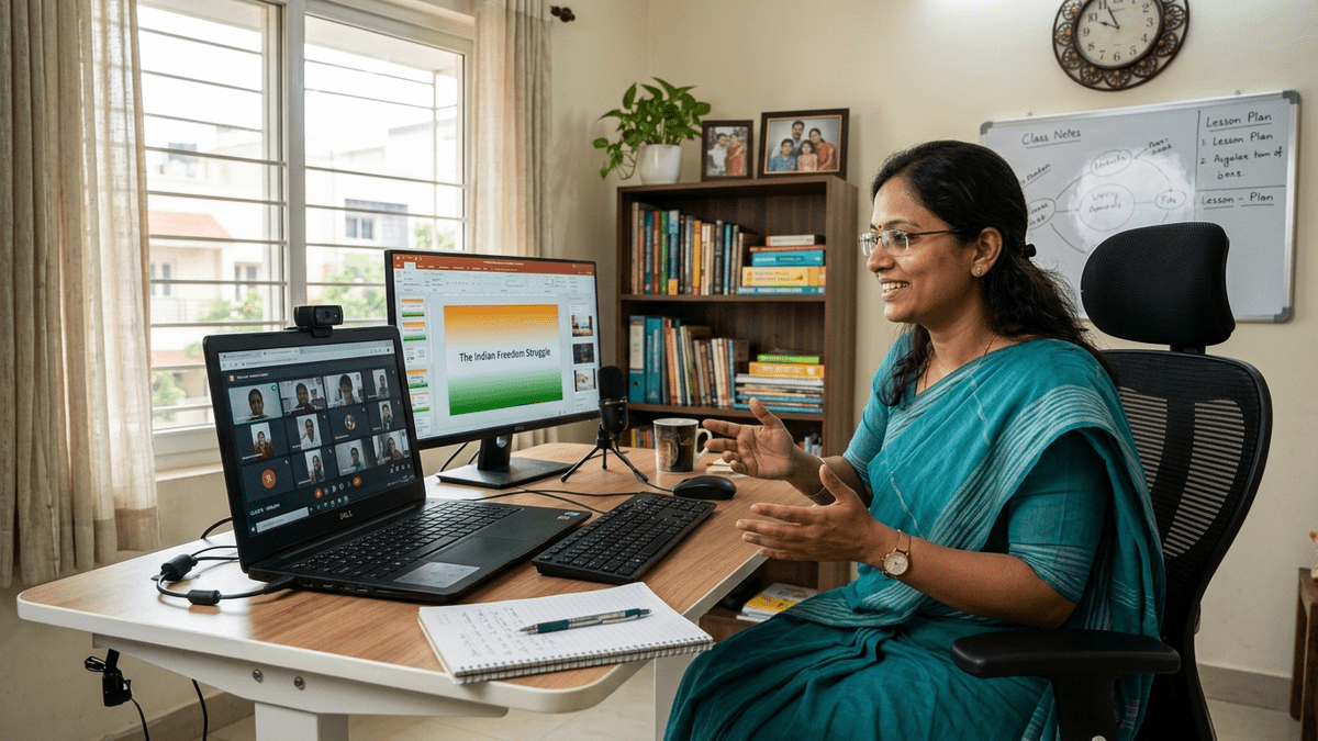 Indian woman using computer for online teaching at home