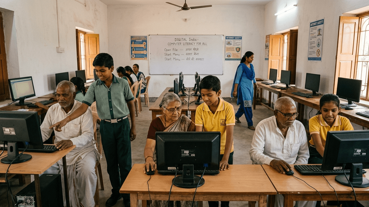 Indian senior citizens and young students learning computers together in a community centre