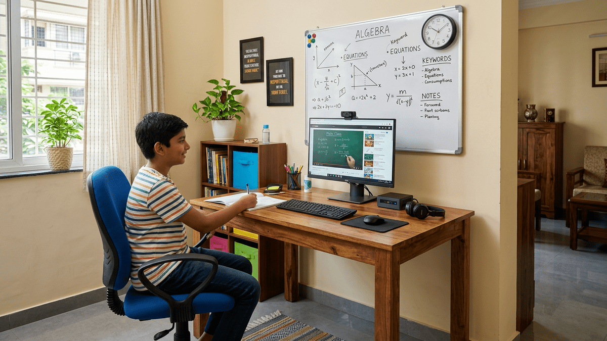 Compact home learning pod setup with APNA PC for tuition teacher training