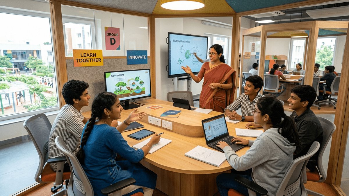 Indian children learning in modern pod-style setup with teacher