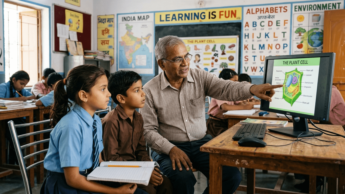 Tuition teacher with digital literacy skills helping students