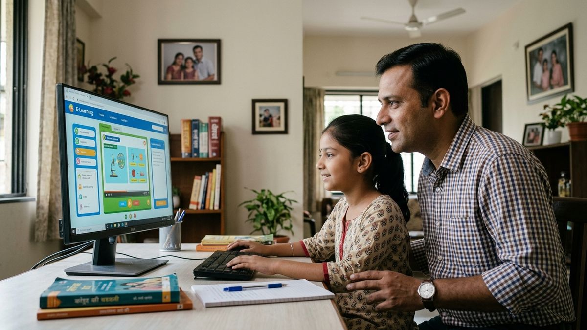 Indian parent supervising child online safety India during digital learning at home