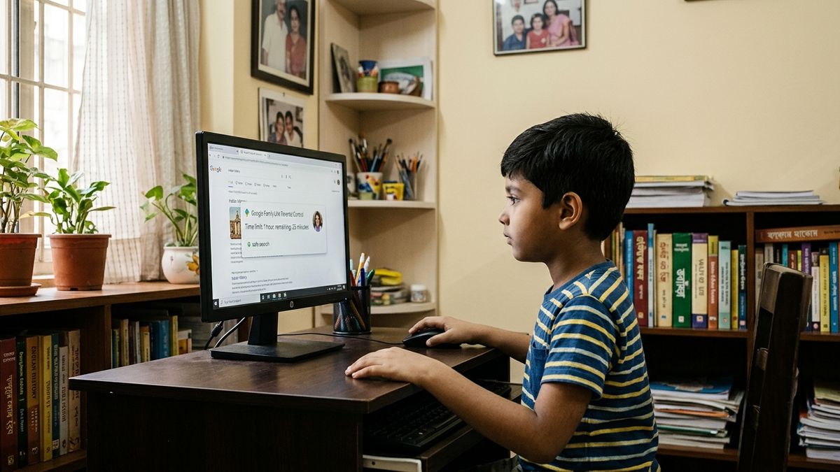 Indian child studying on computer with parental controls for child online safety India