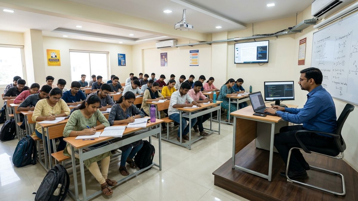 coaching class computer setup India with teacher and students in modern classroom