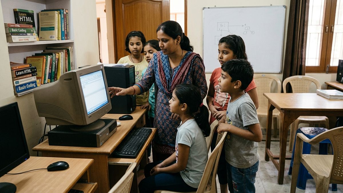 coaching class computer setup India with tuition teacher demonstrating to students