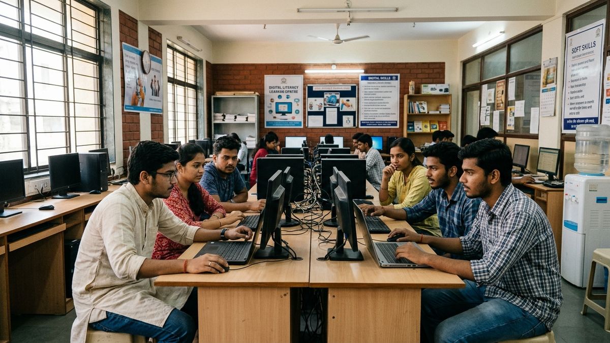 coaching class computer setup India with students working on computers in learning centre