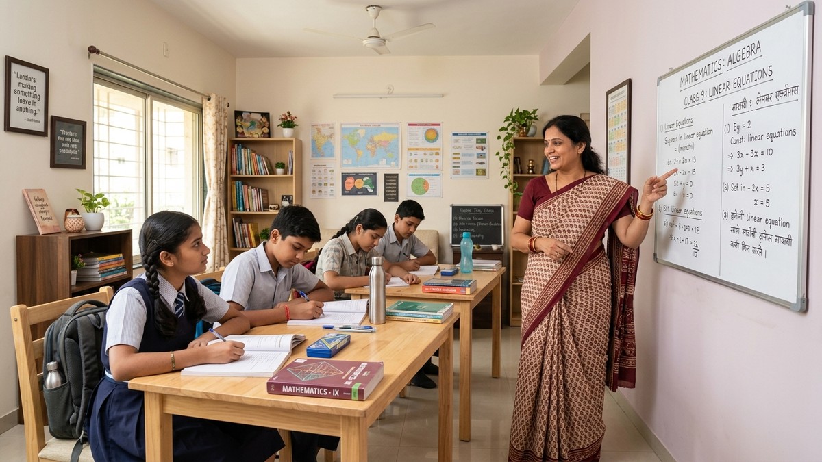 Indian homemaker teaching students in a coaching class from home setting