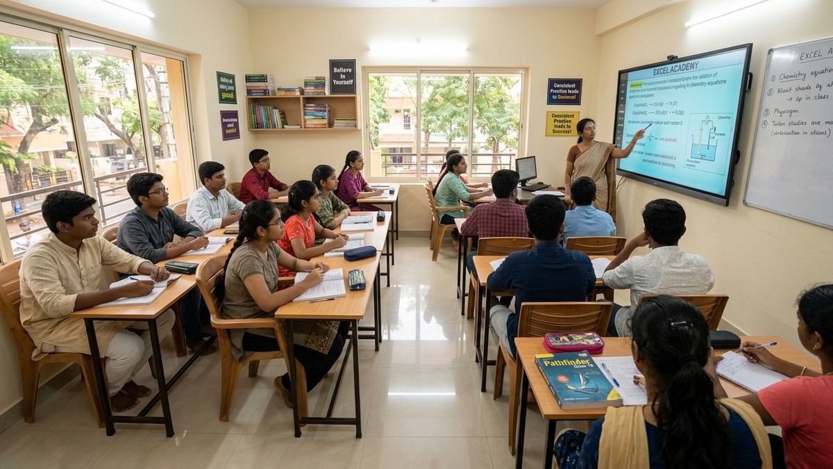 Organized home coaching centre India with students at desks and study materials