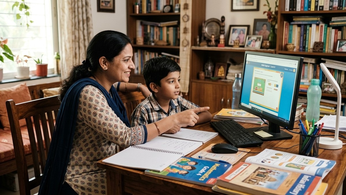 Indian teacher helping student with computer at coaching class from home