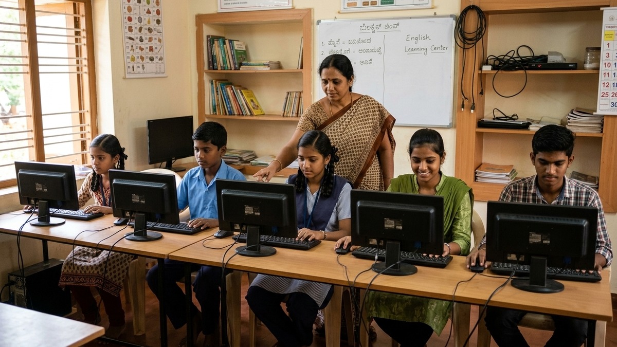 Indian students learning on computers in a community centre for online teaching business