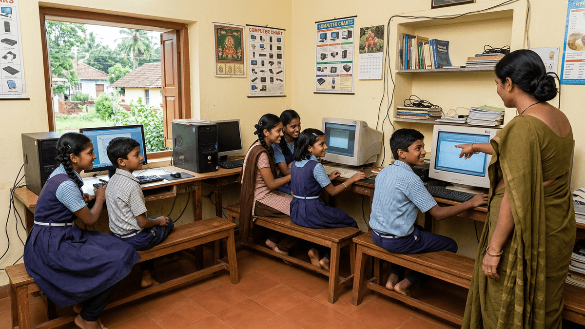 Indian students learning computer skills together in a home coaching class
