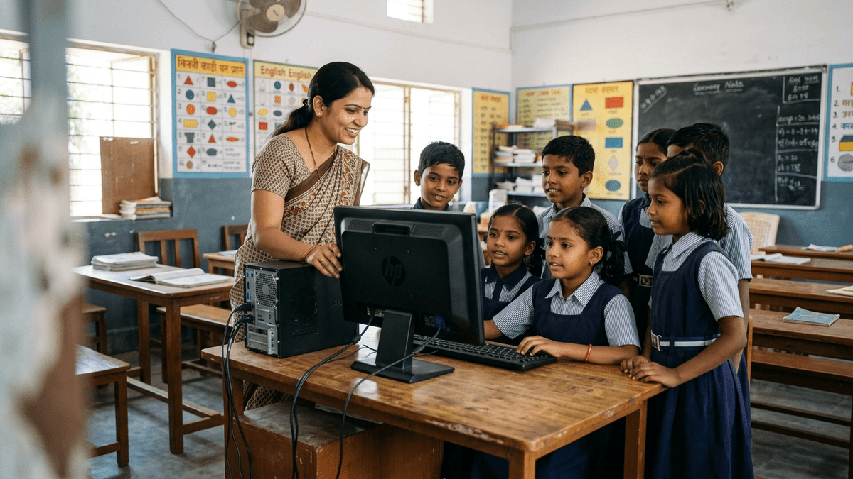 Indian teacher conducting computer coaching class from home for students