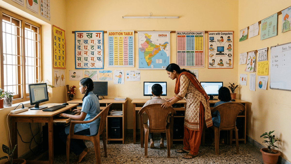Children attending computer course for kids at home at APNA PC workstations in Indian learning centre