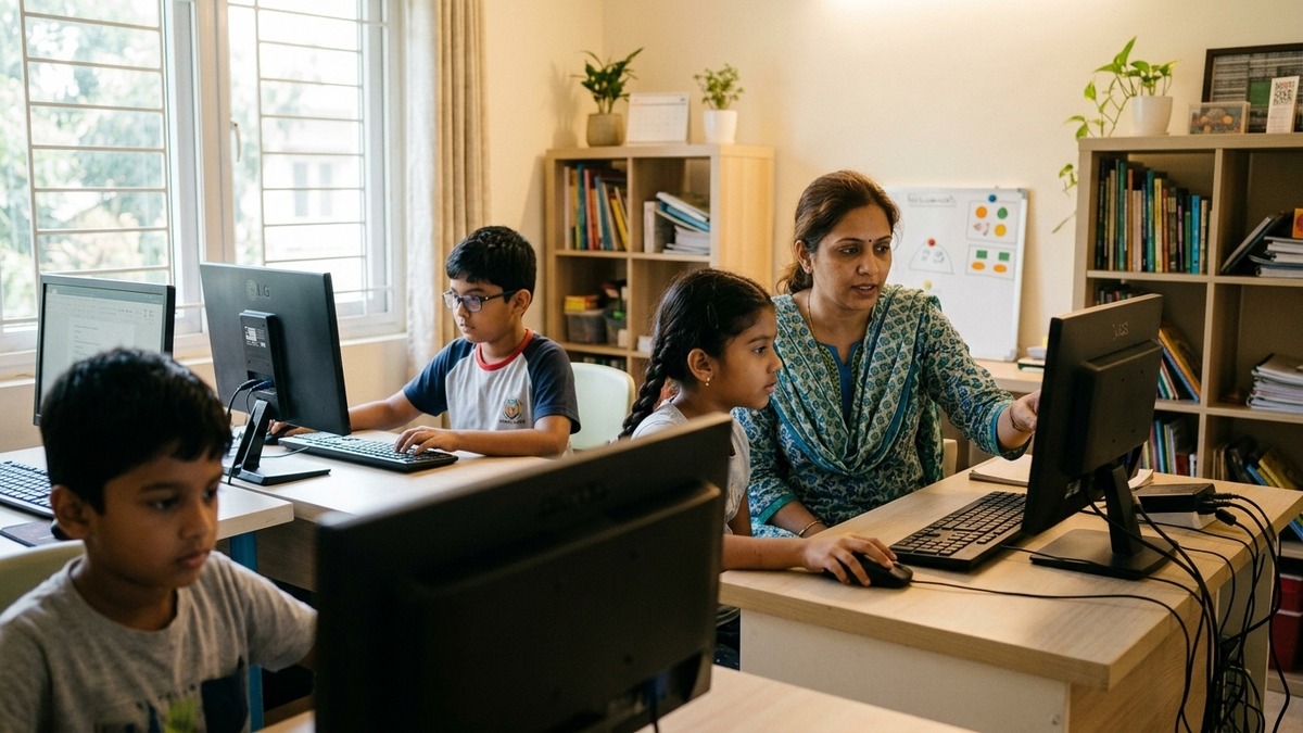 Homemaker teaching computer course for kids at home using APNA PC setup