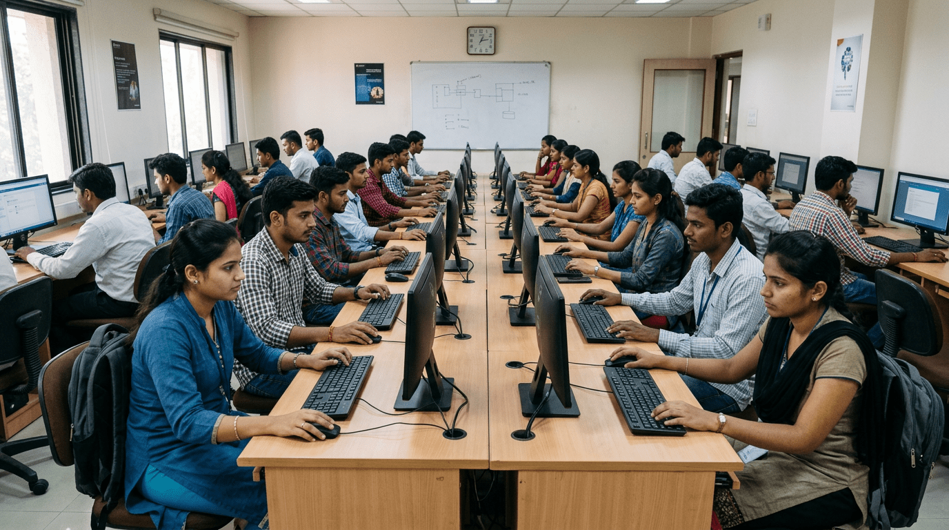 Indian youth learning computer skills at training centre with desktop computers