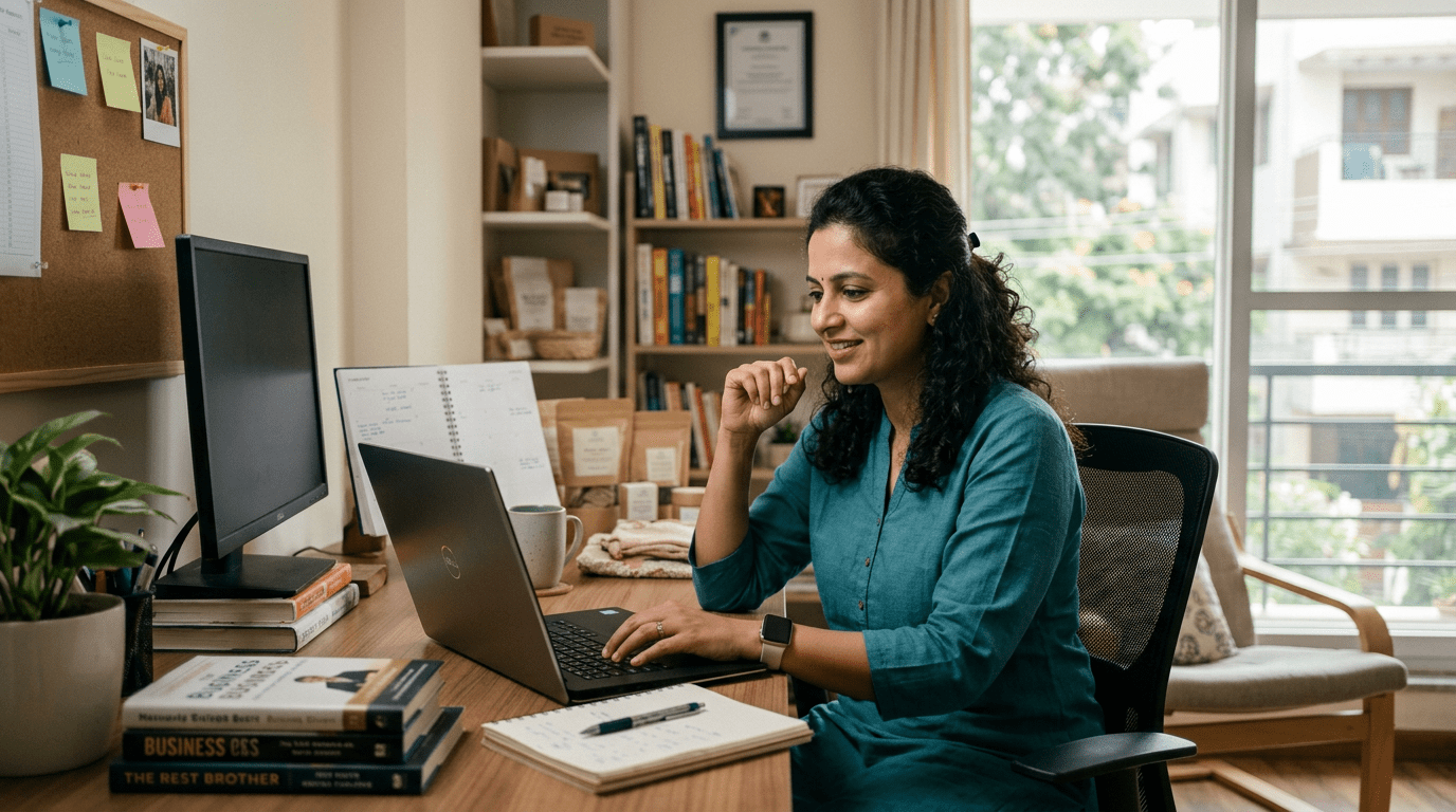 Indian woman entrepreneur working on computer at home office setup