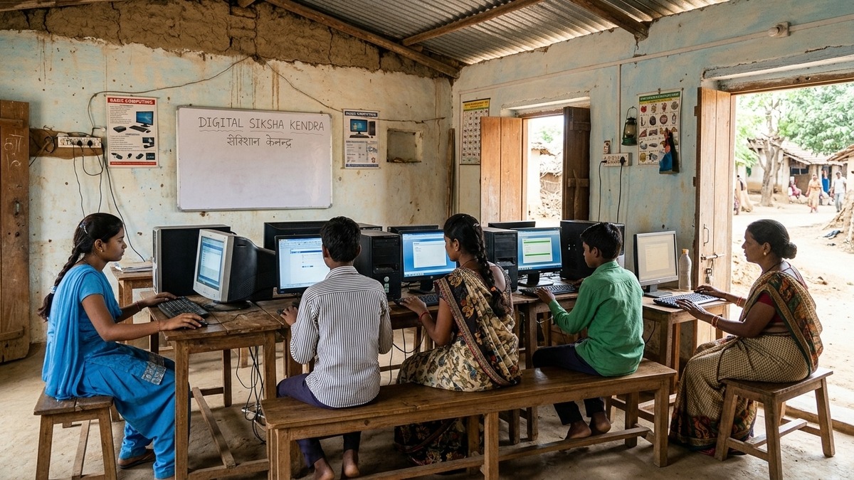 computer training centre rural India village students learning on desktops