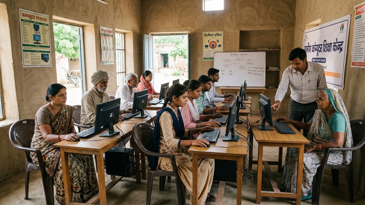 computer training centre rural India villagers learning computer basics in community centre