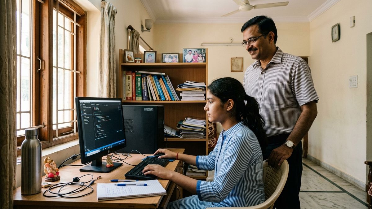 digital literacy students India learning computer at home with parent