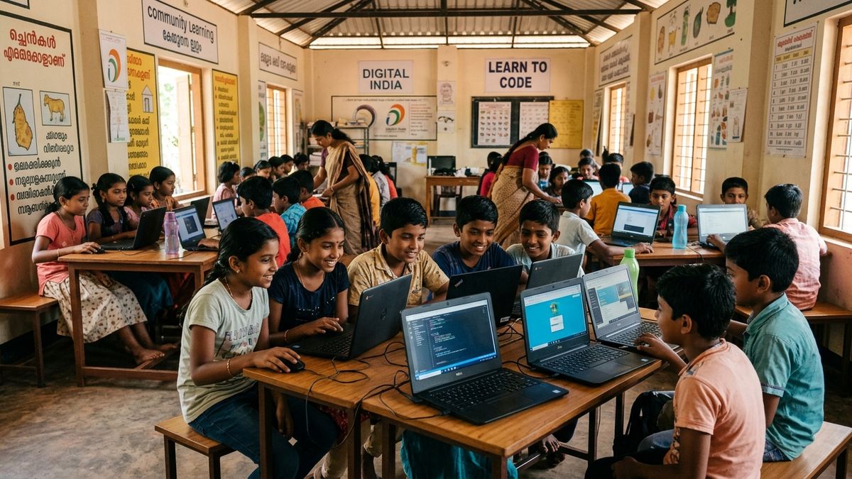 Indian children learning digital skills on laptops
