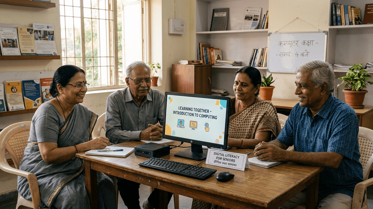 Senior citizens learning digital skills together at a community learning pod