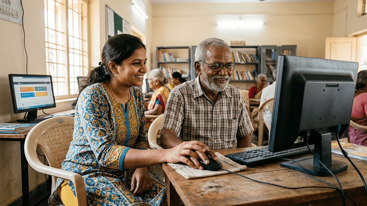 An educator teaching digital skills for elderly India at a learning center