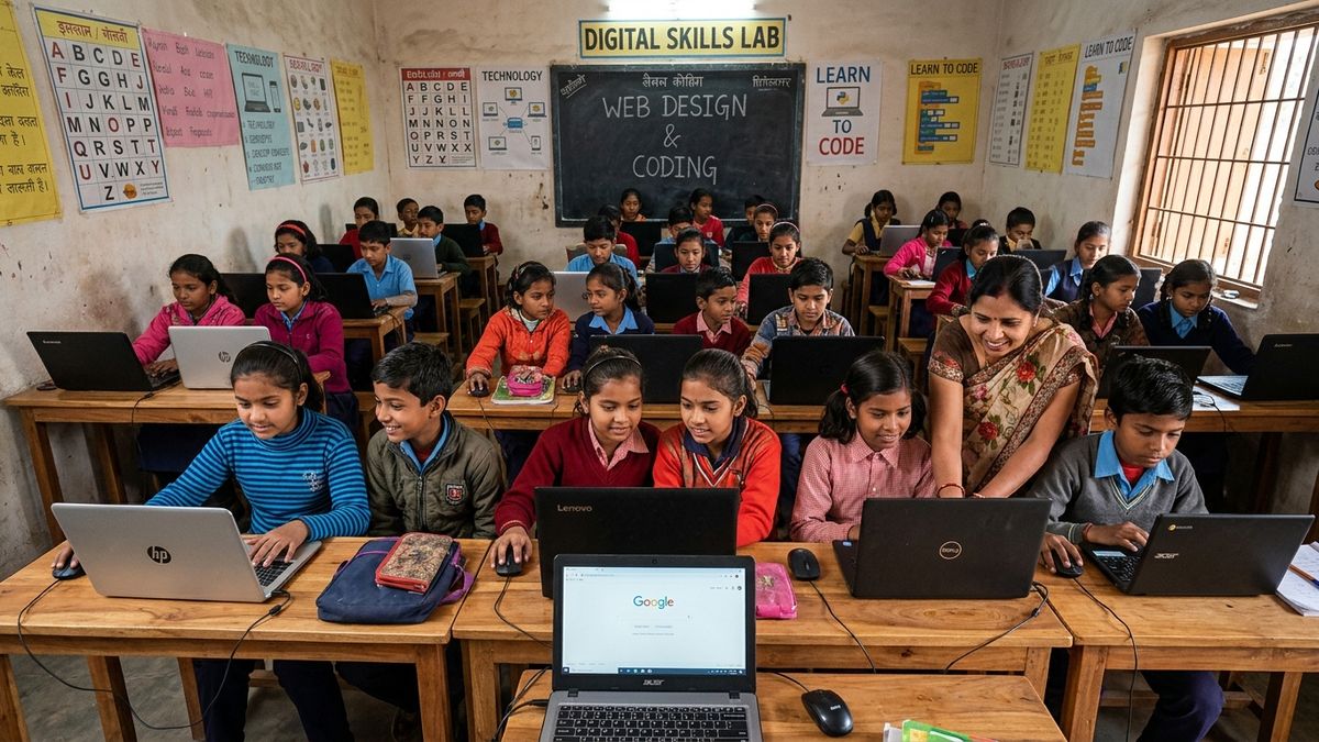 Indian teacher guiding students with digital literacy skills