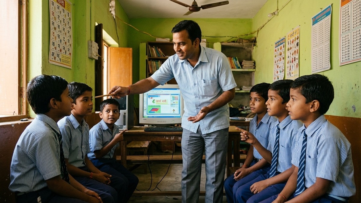 Indian educator teaching students with computer for digital literacy for tuition teachers