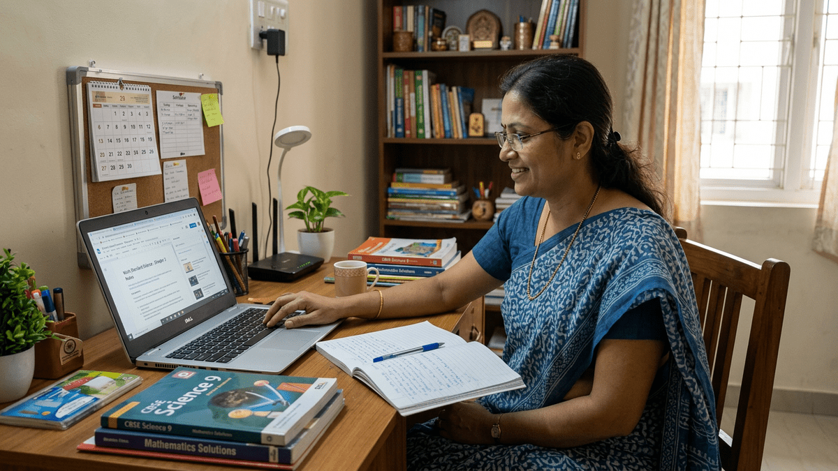 Indian tuition teacher planning lessons on laptop for digital literacy for tuition teachers