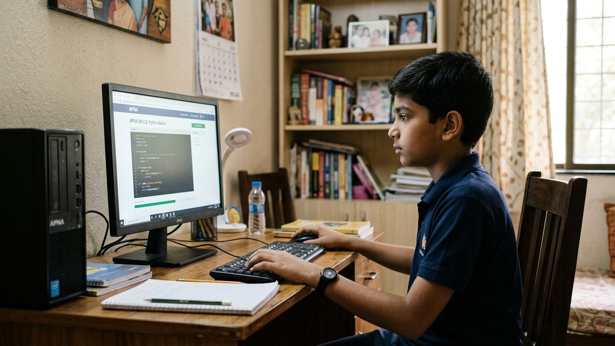 Indian student learning digital skills Indian students need on APNA PC computer at home desk