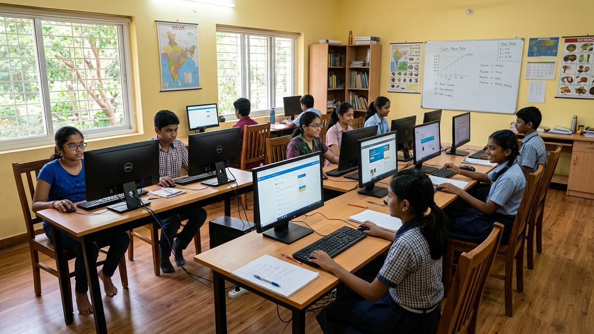 Indian students using computers in a home learning center building digital skills Indian students need