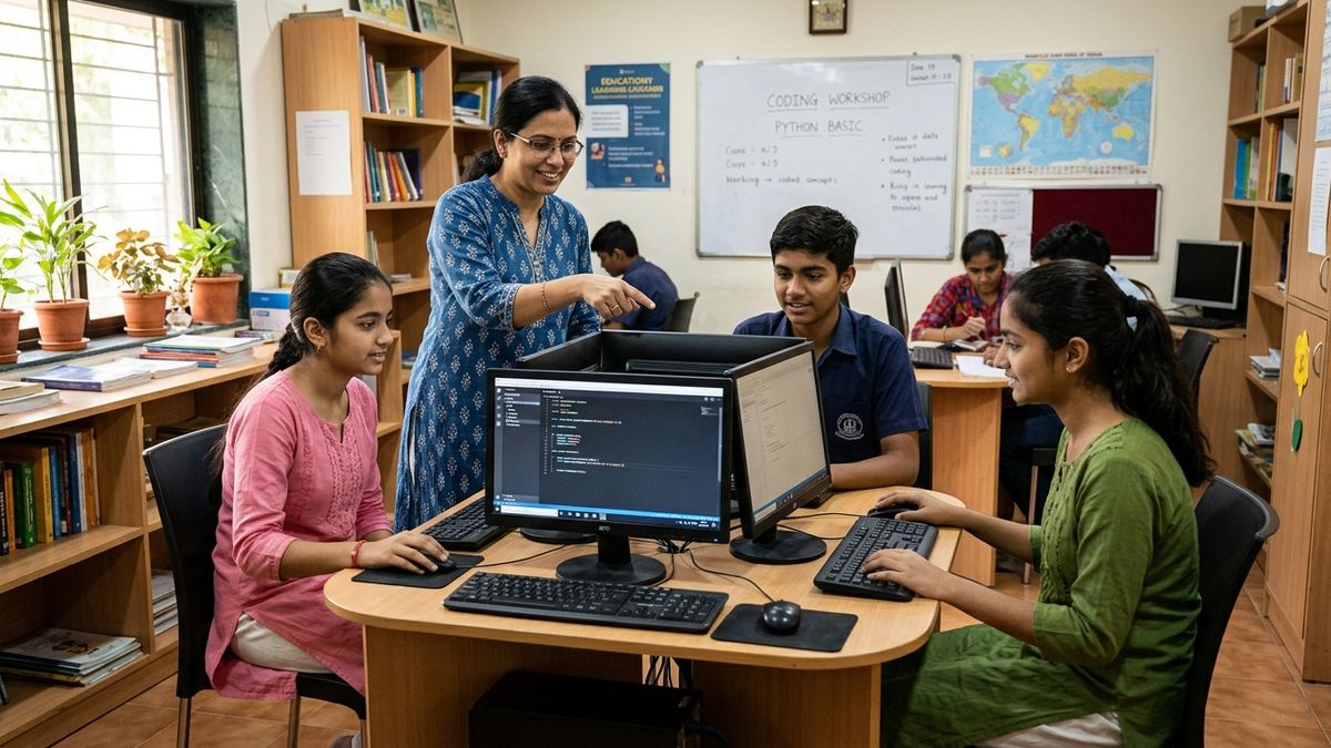 Indian teacher guiding students on computers building digital skills Indian students need in community learning space