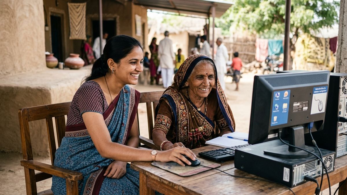Trained educator teaching computer education to rural women at a POD centre
