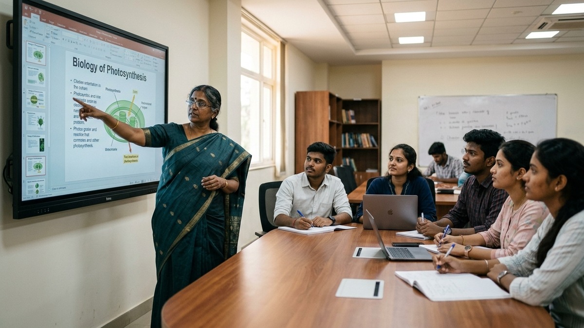 edupreneur India female educator teaching students at digital screen