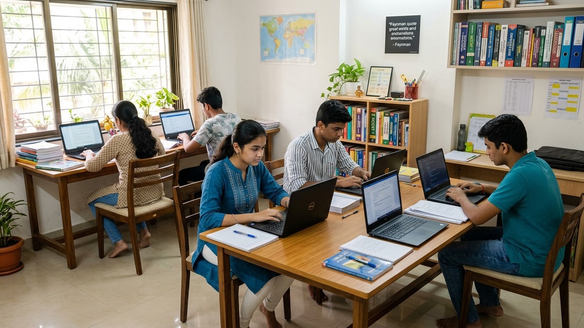 Indian students in home learning center with computers studying effectively