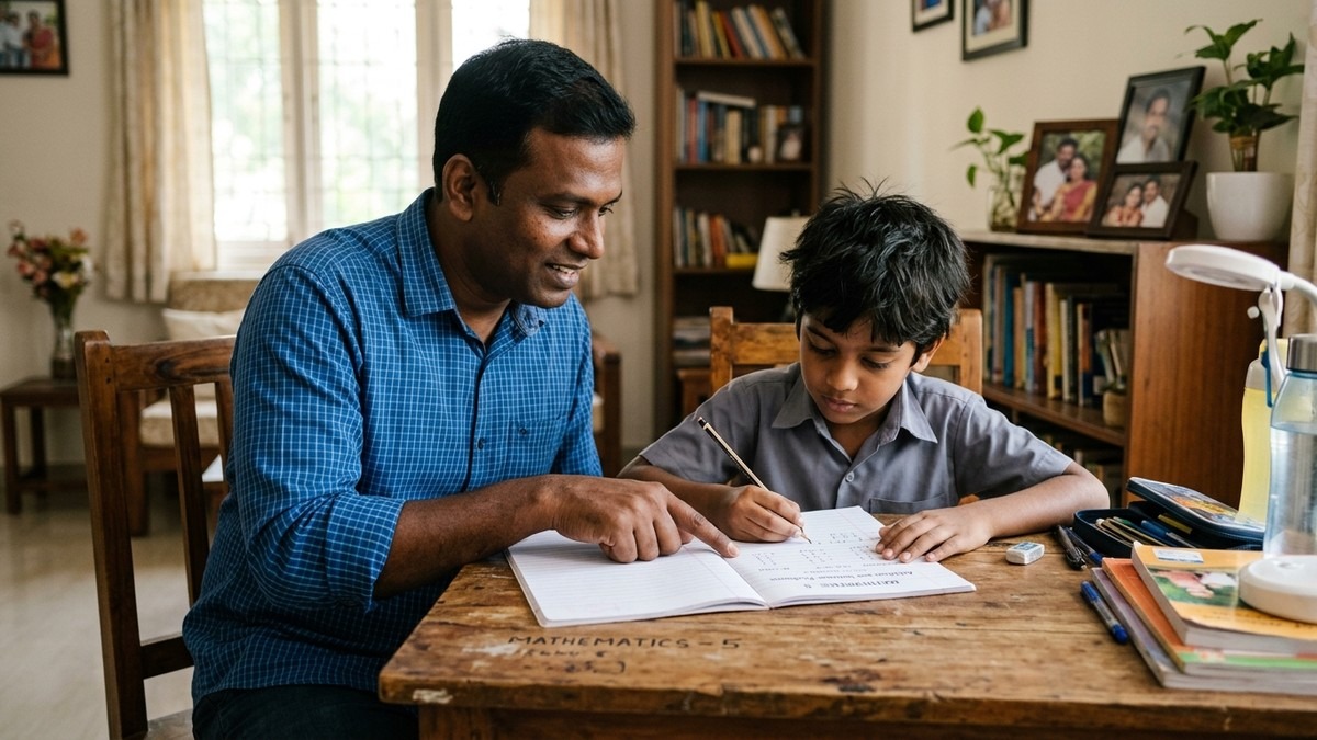Indian parent helping child with homework at desk using smart study strategies