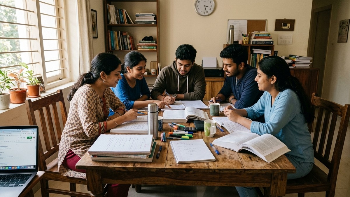 Indian students studying together at home with books and notebooks using exam preparation tips for students