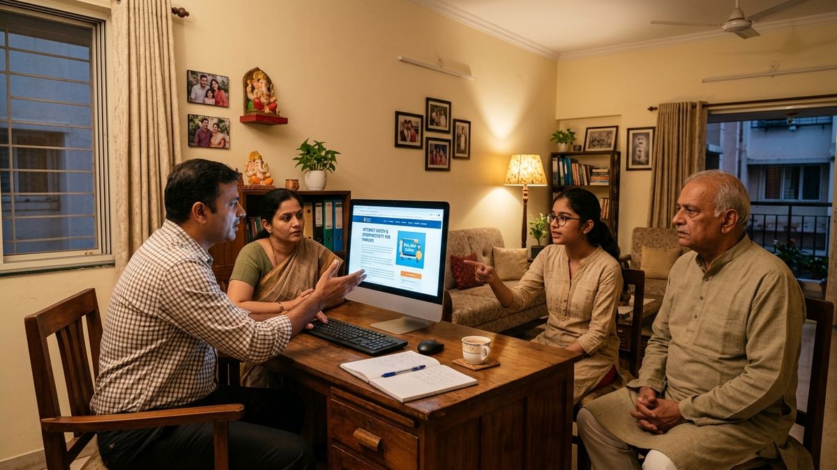 Indian family discussing child online safety India around a computer