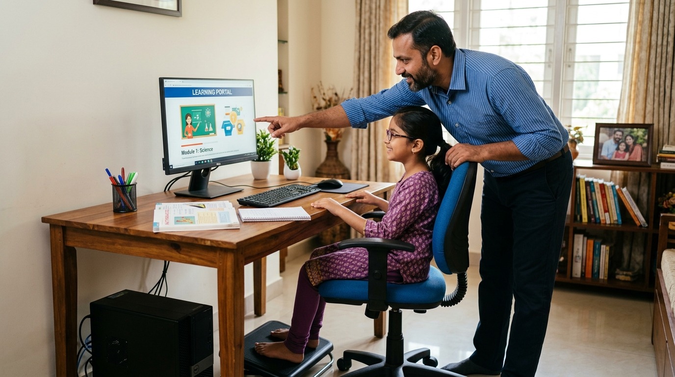 Indian parent helping child set up computer workstation for home computer lab India learning