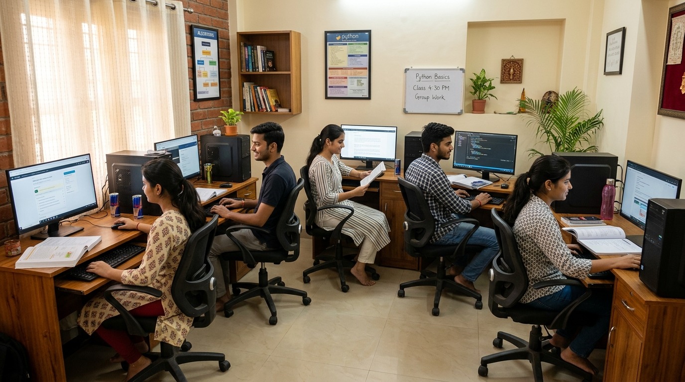 Small group of Indian students learning together on computers in home-based classroom for home computer lab India