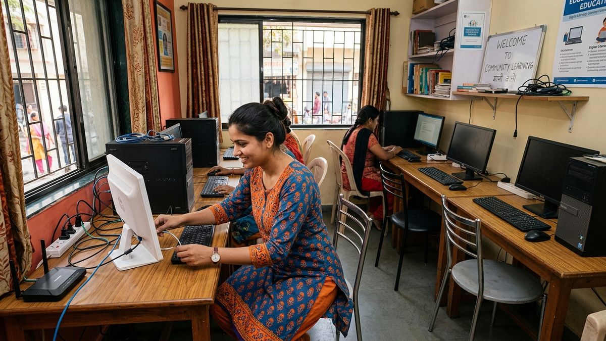 Indian woman setting up a home computer lab for teaching business
